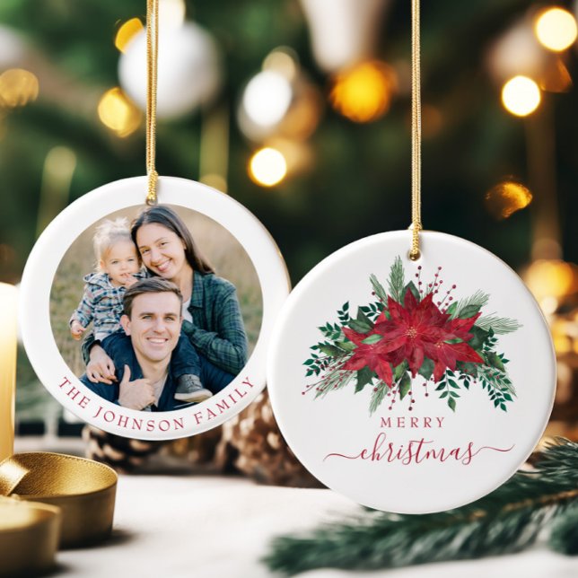 Décoration En Céramique Festive Poinsettia Photo Noël (Festive Poinsettia Photo Christmas Ceramic Ornament)