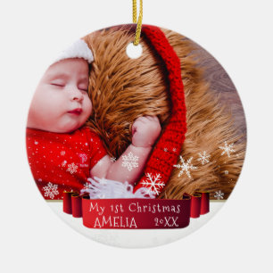 Décoration En Céramique Festive Rouge Ruban bébé`s première photo de Noël