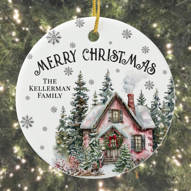 Décoration En Céramique Festive Winter Cabin Merry Christmas (Festive Winter Cabin Merry Christmas Ceramic Ornament )