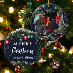 Décoration En Céramique Feux de Noël branches de pin neige bleu photo