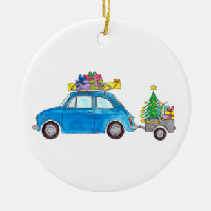Décoration En Céramique Fiat bleu 500 avec Cadeaux de Noël Aquarelle