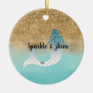 Décoration En Céramique Fille Aqua Aquarelle or Parties scintillant sirèn