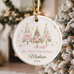 Décoration En Céramique Fille au sapin de Noël avec noeud rose Premier Noë