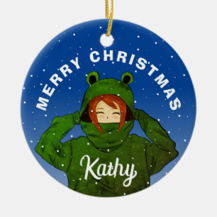 Décoration En Céramique Fille au sweat à capuche Grenouille verte Dessin d