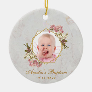 Décoration En Céramique Fille Baptême Photo Orchidées roses Marbre or flor
