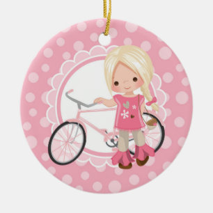 Décoration En Céramique Fille blonde de bicyclette - blanc rose