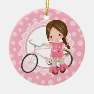 Décoration En Céramique Fille de bicyclette de brune - blanc rose