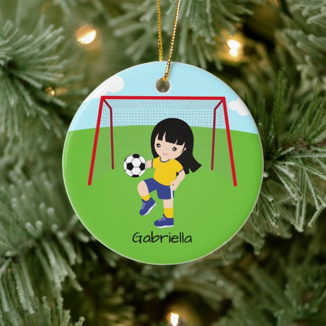 Décoration En Céramique Fille de soccer personnalisée Dark Haired Noël (Arbre)