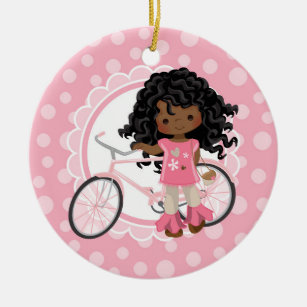 Décoration En Céramique Fille de vélo afro-américaine - Rose blanc