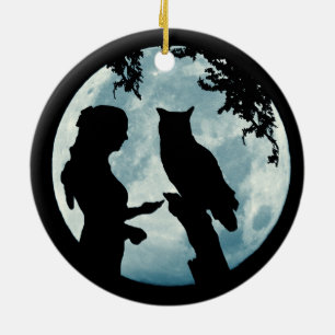 Décoration En Céramique Fille du solstice d'hiver et lune de hibou