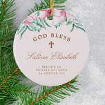 Décoration En Céramique Fille florale rose baptême personnalisée Dieu béni<br><div class="desc">Des fleurs de magnolia rose vif,  du feuillage vert et des feuilles d'eucalyptus et un élégant script de calligraphie manuscrit faisant une belle fille baptism personnalisées ornement d'arbre de Noël.</div>