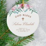 Décoration En Céramique Fille florale rose baptême personnalisée Dieu béni<br><div class="desc">Des fleurs de magnolia rose vif,  du feuillage vert et des feuilles d'eucalyptus et un élégant script de calligraphie manuscrit faisant une belle fille baptism personnalisation gardien de Noël ornement arbre blanc.</div>