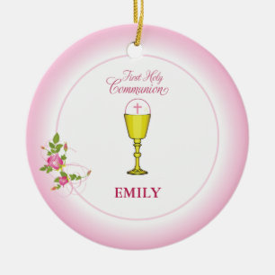 Décoration En Céramique Fille Rose Première Communion Sainte, Chalice, Hôt