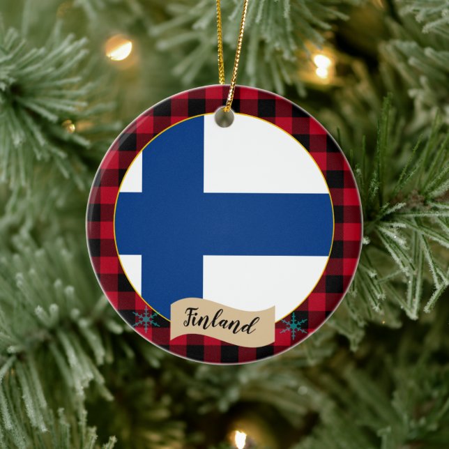 Décoration En Céramique Finlande, Plaid de buffle rouge et Drapeau finland (Arbre)