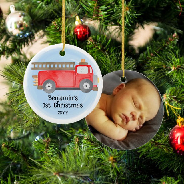 Décoration En Céramique Fire Truck Baby's 1st Christmas Photo Keepsaké (Créateur téléchargé)