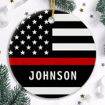 Décoration En Céramique Firefighter Personalized Modern Thin Red Line<br><div class="desc">Personalized Thin Red Line Ornament - American flag in Firefighter Flag colors, modern black red design . Personalize with firefighter name, or fire department. This personalized firefighter ornament is perfect for fire departments, fire service, or as a memorial keepsake and fire department Christmas gifts o\r stocking stuffers. Order these firefighter...</div>