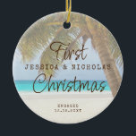 Décoration En Céramique First Christmas Beach Engagement Palm Tree Ceramic<br><div class="desc">Keepsake Engagement Ornament with a tropical palm tree next to a turquoise teal blue ocean coastline sand shoreline is perfect for the couple who got engaged on a beach or are planning a destination wedding.</div>