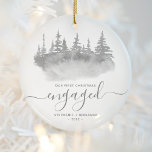 Décoration En Céramique First Christmas Engaged Woodland Trees Gray Script<br><div class="desc">Commemorate your engagement with this beautiful rustic keepsake ornament. The gray text reads "Our first Christmas engaged, " with the word "engaged" in elegant script with flourishes before and after. The watercolor illustration features a winter woodland forest scene of evergreen trees in shades of gray.</div>
