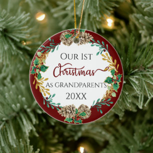 Décoration En Céramique First Christmas Grandparents Holly Pine Cone Photo