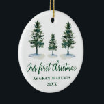 Décoration En Céramique First Christmas Grandparents Pines PHOTO BACK<br><div class="desc">Modern Elegant Calligraphy Script,  Watercolor Pine Trees,  Our First Christmas as Grandparents Ornament - Photo Back</div>