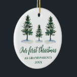 Décoration En Céramique First Christmas Grandparents Pines PHOTO BACK<br><div class="desc">Modern Elegant Calligraphy Script,  Watercolor Pine Trees,  Our First Christmas as Grandparents Ornament - Photo Back</div>