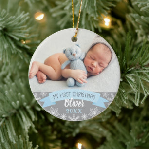 Décoration En Céramique First Christmas Light Blue Baby Boy Photo
