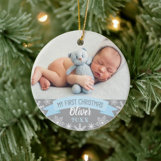 Décoration En Céramique First Christmas Light Blue Baby Boy Photo (Arbre)