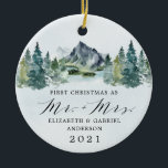 Décoration En Céramique First Christmas Mr and Mrs Mountains Trees Wedding<br><div class="desc">First Christmas features a design of an elegant watercolor mountain view scenery with a modern style text layout. Design features numerous evergreen trees in various shades of greens. The back features the matching mountains and background. Mr. Mrs. is printed in a stylish script font. A perfect keepsake for newlywed couples...</div>