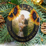 Décoration En Céramique First Christmas PHOTO Mr and Mrs sunflower rustic<br><div class="desc">Rustic country newlyweds wedding round photo First Christmas as Mr. and Mrs. personalized tree ornament with yellow gold sunflower bouquets over a dark brown barn wood.            Easy to customize with your names,  text and photo!           It can be a pretty keepsake gift for a new couple.</div>
