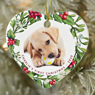 Décoration En Céramique First Christmas Puppy Dog Custom Pet Photo Heart 