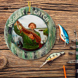 Décoration En Céramique Fishing BIGGEST CATCH, Two Photo<br><div class="desc">Create a special keepsake ornament showcasing their biggest catch of the year! The text can be changed or deleted as desired. The background has a rugged, hand-painted watercolor design in shades of green, brown and black. The back side features a full-bleed photo. (PHOTO TIP: For fastest/best results, choose a photo...</div>