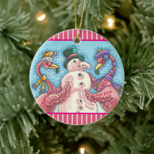 Décoration En Céramique Flamant rose ROSE SNOWMAN, OISEAUX DE NOËL AMUSANT