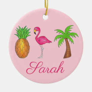 Décoration En Céramique Flamant rose rose Tropical Island Palm Tree Ananas
