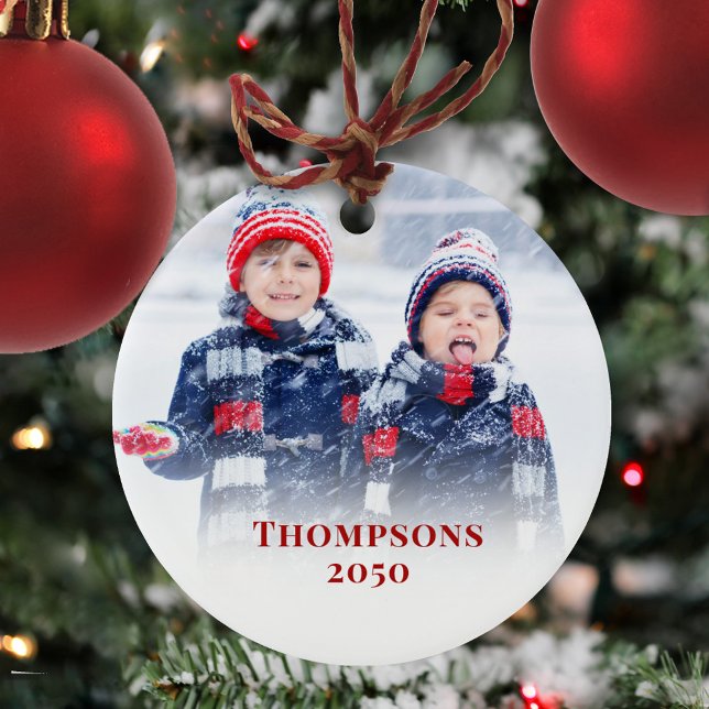 Décoration En Céramique Flèche-neige rouge photo de Noël personnalisée (Christmas photo ornament with a full bleed photo template with red block style editable lettering. )