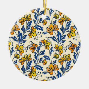 Décoration En Céramique Fleur Bleue Feuillue de Style Folk Orange Jaune Vi