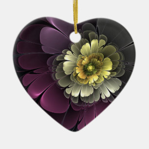 Décoration En Céramique Fleur de cœur fractale grise et kaki pourpre abstr