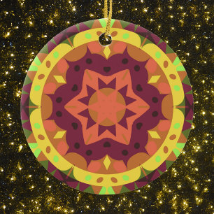 Décoration En Céramique Fleur de Mandala rouge orange et vert