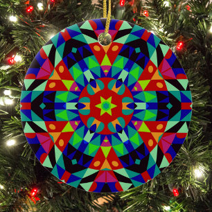 Décoration En Céramique Fleur de Mandala rouge vert et bleu
