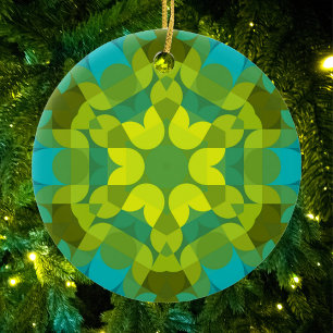 Décoration En Céramique Fleur de Mandala vert jaune et bleu