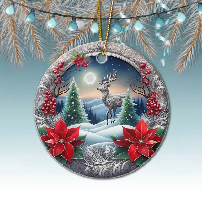 Décoration En Céramique Fleur de Poinsettia élégant renne argenté, Cerf (Silver Reindeer, Deer Antlers, Poinsettia Flowers Winter Trees Moon Scene Ornament Front/Back 🦌🎄)
