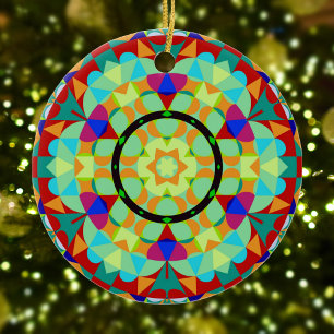 Décoration En Céramique Fleur Mandala rétro orange rouge et bleu