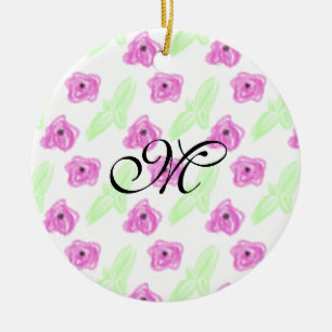 Décoration En Céramique Fleur rose feuille verte en aquarelle simple monog
