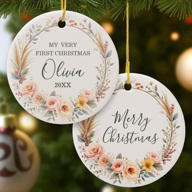 Décoration En Céramique Fleur sauvage Boho Baby First Christmas Personnali (Créateur téléchargé)