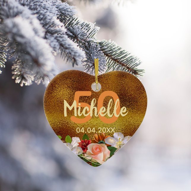 Décoration En Céramique Fleurs d'or d'anniversaire Nom monogramme (Créateur téléchargé)