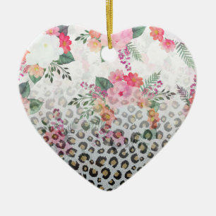 Décoration En Céramique Fleurs roses Empreintes de léopard noires en argen