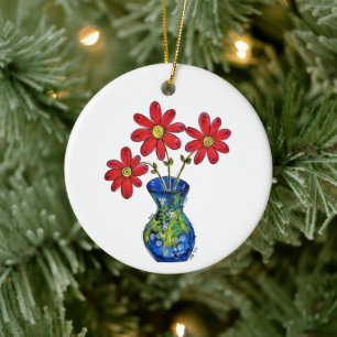 Décoration En Céramique Fleurs rouges lunaires dans Vase bleu
