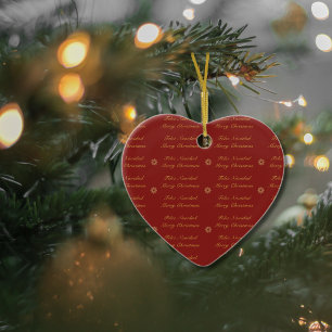 Décoration En Céramique Flocon de Noël Rouge et Doré Bilingue