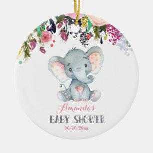 Décoration En Céramique Floral Girl Elephant Baby shower rose et gris