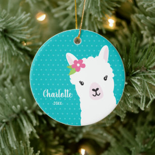 Décoration En Céramique Floral Llama Alpaca Teal Girl Christmas