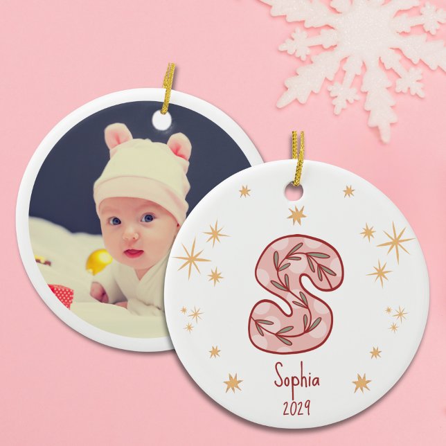 Décoration En Céramique Floral Monogram Stars Design Motif (Baby Girl’s First Christmas with Initial S Ceramic Ornament)